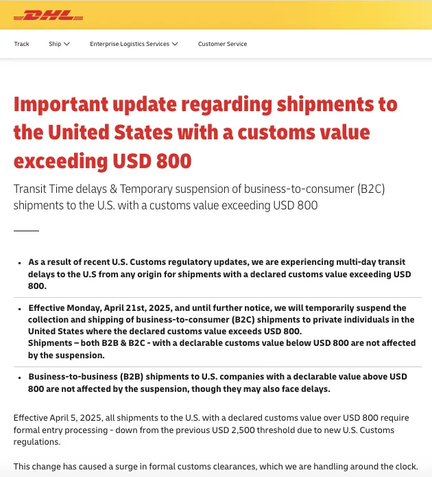 4月21日起,DHL暂停接收B2C货值超过800美金的货物